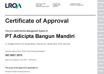 LRQA ISO 9001:2015 Certificate of Approval for PT Adicipta Bangun Mandiri, valid until 8 August 2028