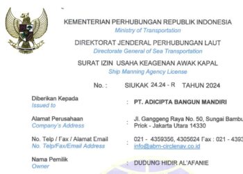 Ship Manning Agency License (SIUKAK) No. 24.24-R issued to PT Adicipta Bangun Mandiri in 2024
